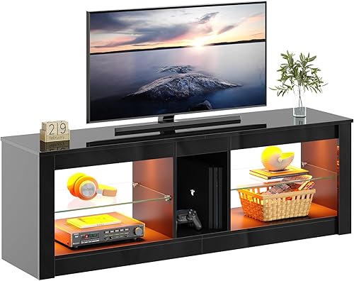 Miniatura 36 de Bestier soporte RGB para televisión de más de 65 pulgadas, centro de entretenimiento para videojuegos, consola LED con 2 estantes de vidrio, para