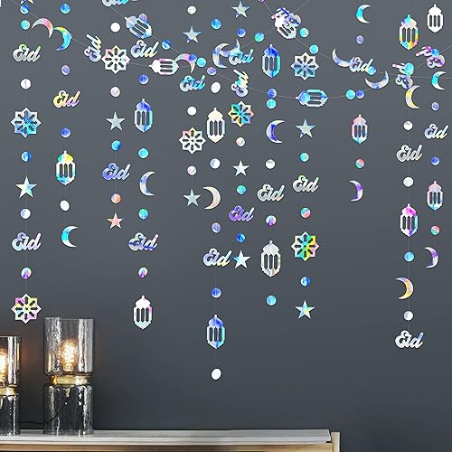 Miniatura 3 de Decoración iridiscente de Ramadán Eid Mubarak, estrella, luna, círculo, luna, farol árabe, guirnalda colgante, telón de fondo para Islam, musulmán,