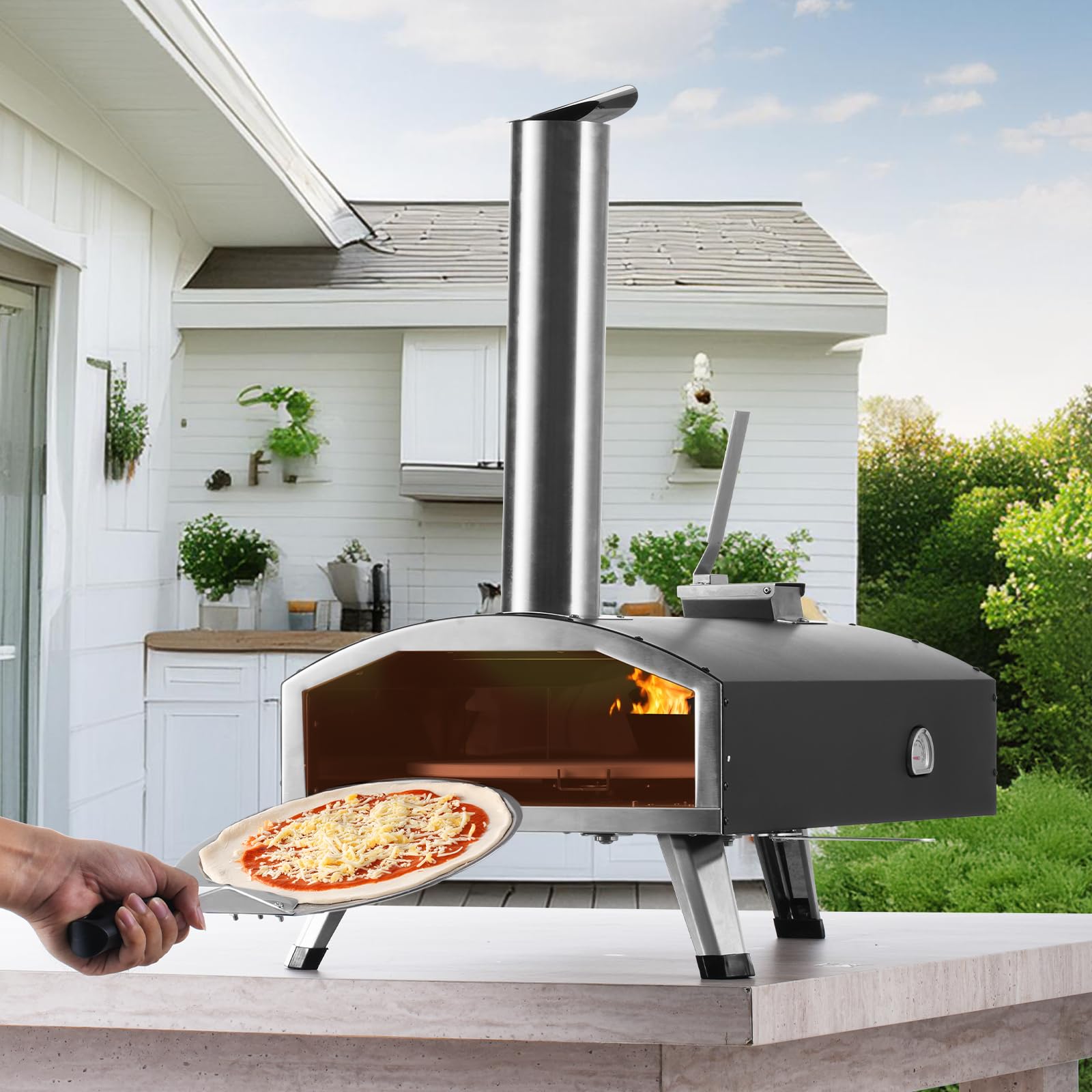 VEVOR Four à Pizza d’Extérieur 12 pouces, Four à Bois Portable Tri-Combustible, avec Pierre Rotative 210° et Pelle, pour Camping Jardin