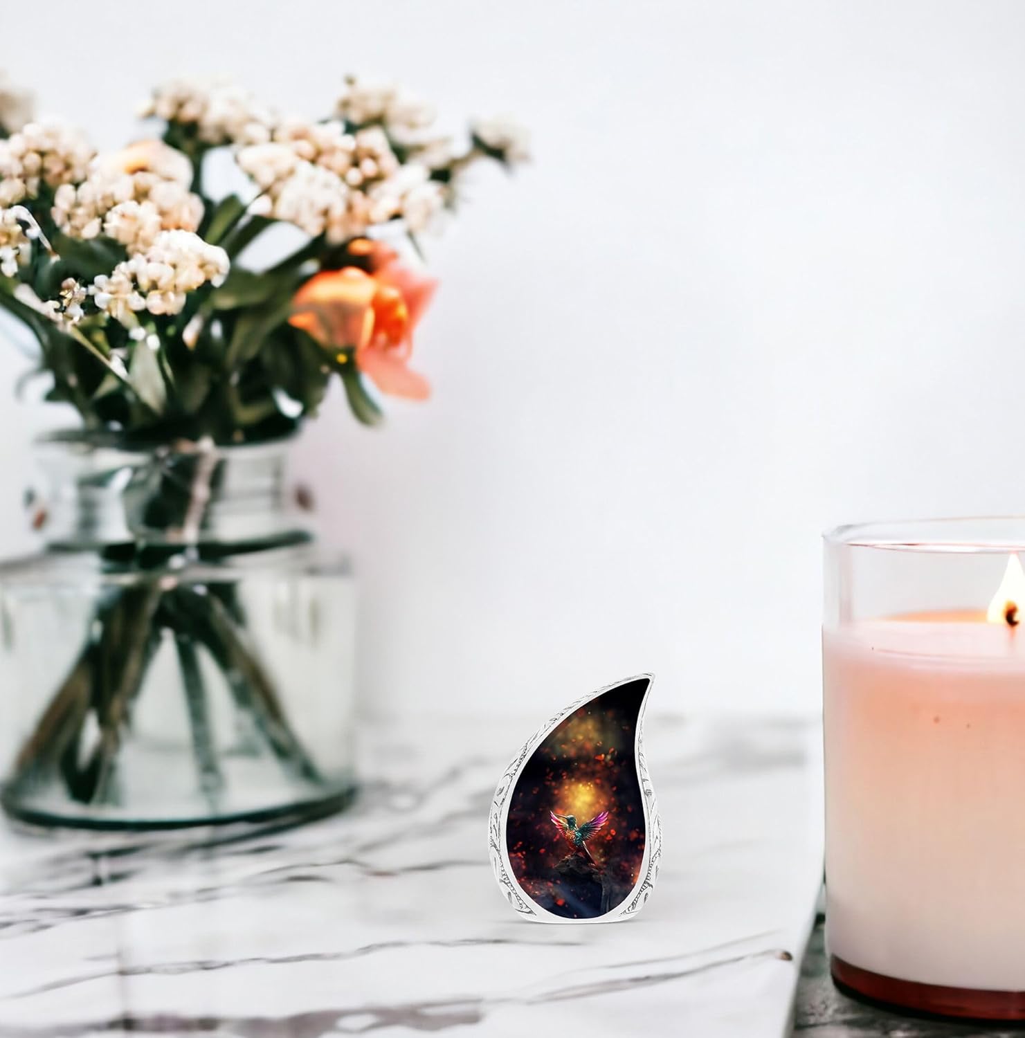 Humming Bird with Golden Background - Teardrop Urn for Human Ashes - Adult Urns for Human Ashes - Cremation Keepsakes - Cremation Memorial - 3 Inch, 2 Pcs