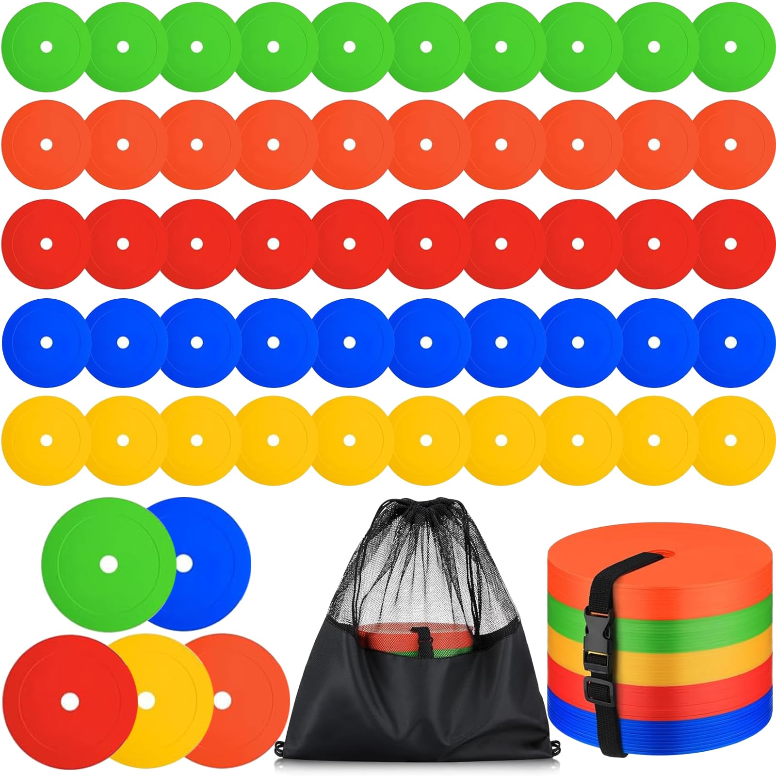 50er Set Markierungsscheiben 15cm, rutschfeste Flache Fußball Hütchen, Bodenmarkierungen Sport Marker Discs mit Tragegurt & Aufbewahrungsbeutel für Agilitätstraining & Schnelligkeit, 5 Farben