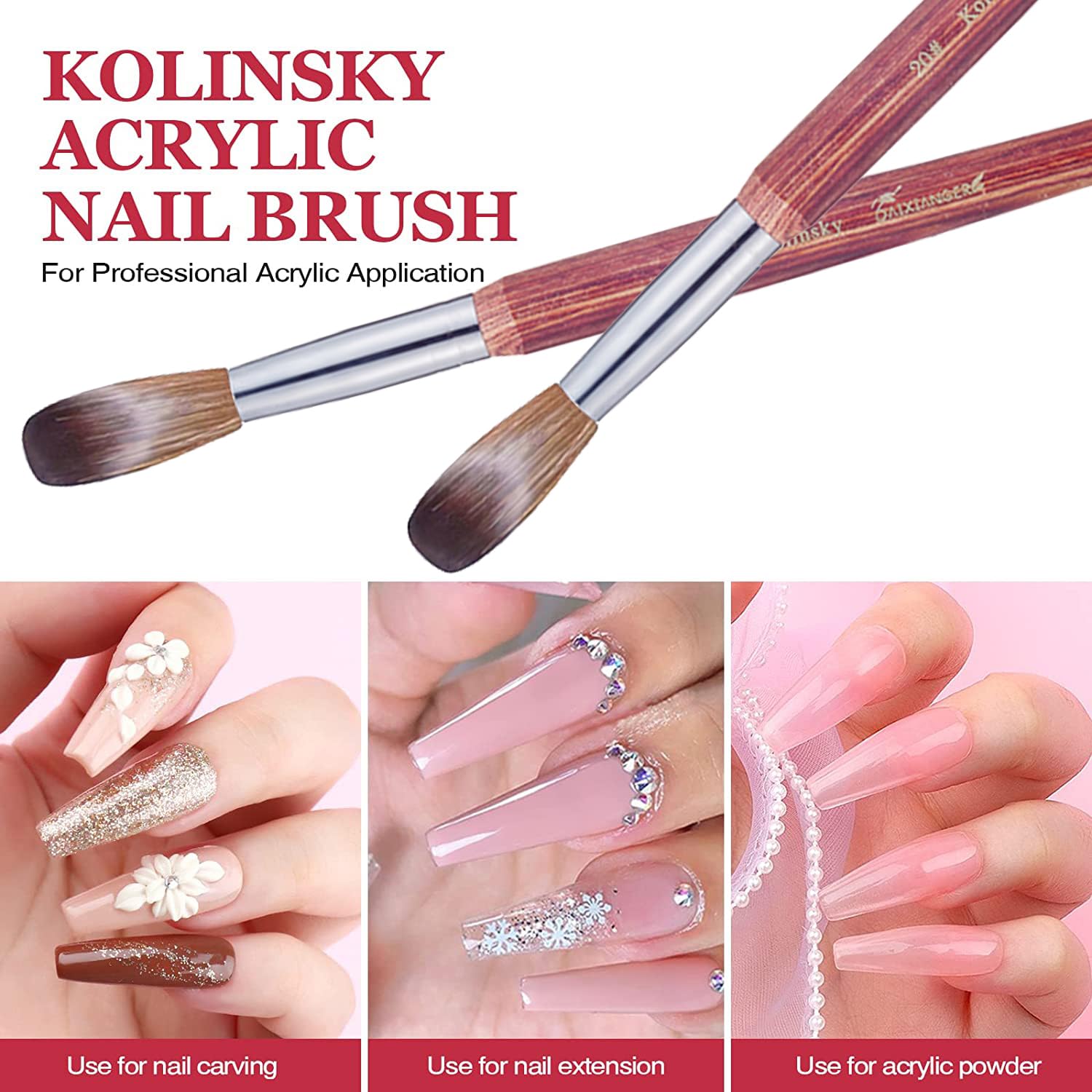 Kolinsky - Pennello per nail art in acrilico, misura 20, forma ovale, per applicazione acrilica, strumento professionale per manicure per extension e intaglio 3D, manico in legno rosso