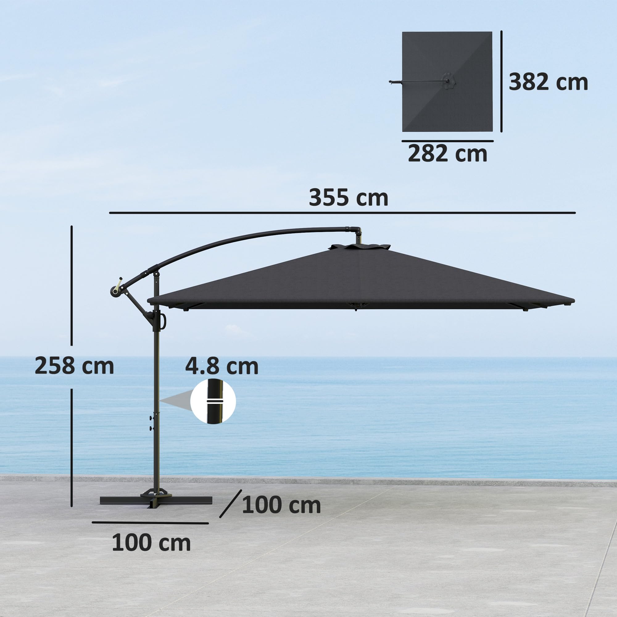 Outsunny Ombrellone Decentrato 2.8x3.8 m con Tettuccio Inclinabile Regolabile, Manovella e Prese d'Aria, Base a Croce, Ombrellone da Giardino in Metallo e Poliestere UV50+, Grigio