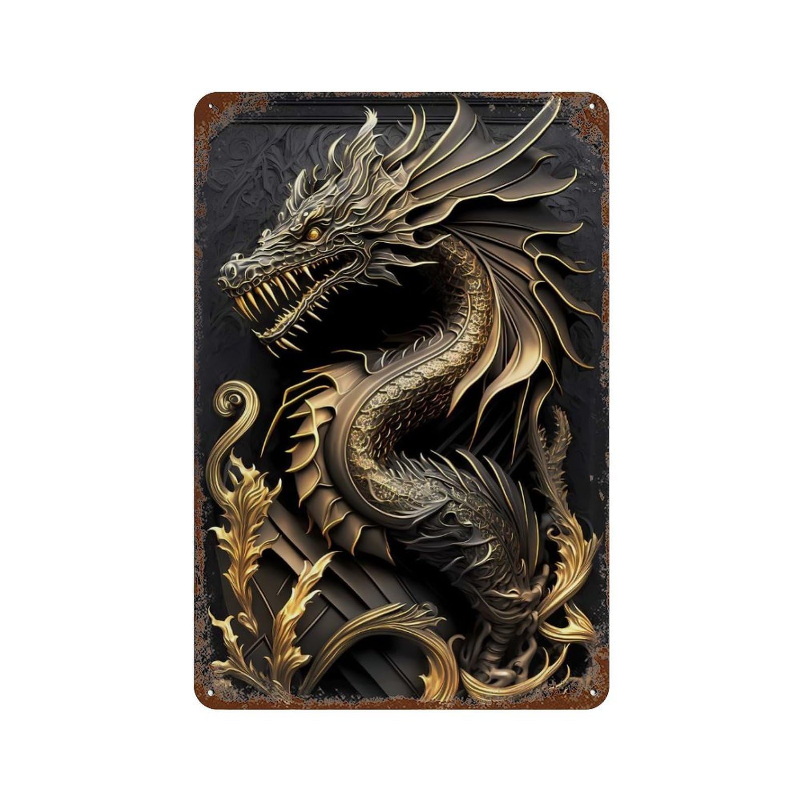 Aged Metal Wall Plaque with Dragon God Art Deco Design 11.8"x7.9", for Shed, Workshop And Garage Wall Decor, Decorative Metal Wall Art