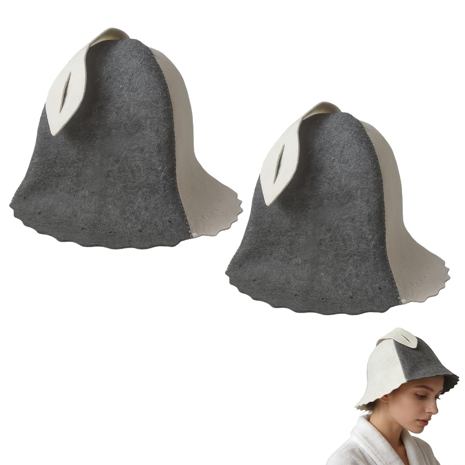 couduan 2PCS Sauna Hat Wool with Hooks, Grey & White Sauna Hats for Women and Men,Steam Bath Hat Room Sauna Cap Accessories Felt Heat Dry Headrest,Steam Room Essential Parts (Grey & White)