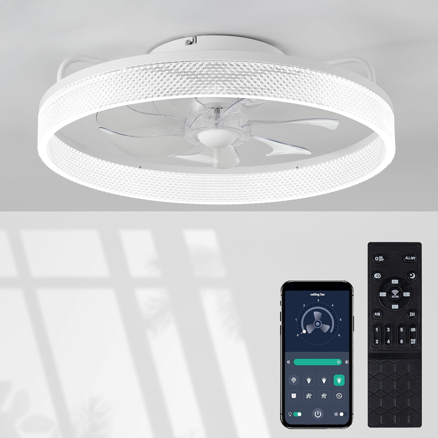 zouzai Ceiling Fans with Lights, Flush Mount Ceiling Fan with Lights and Remote, 6 Wind Speeds Smart Low Profile Ceiling Fan for Bedroom Style 6 White