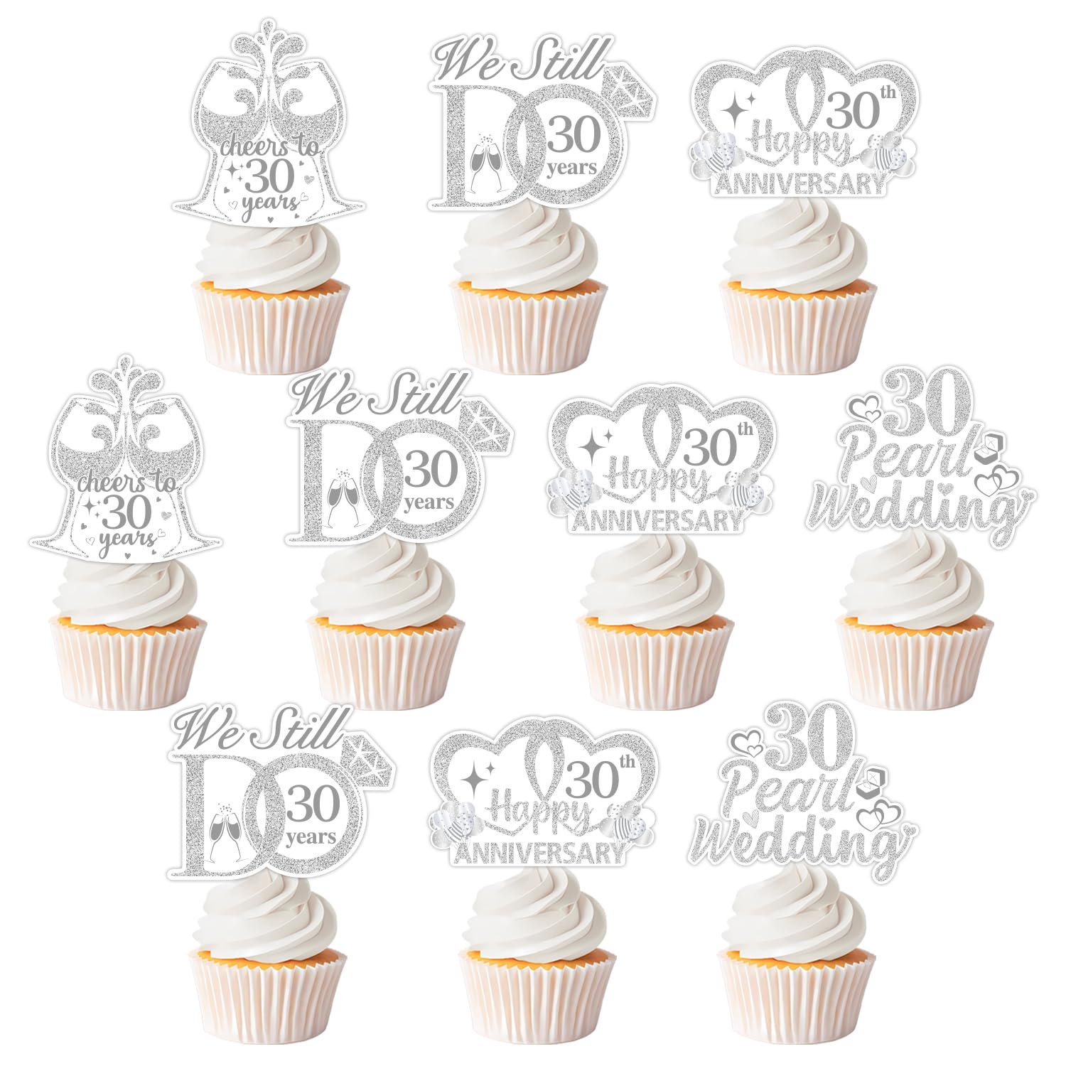 30th Wedding Anniversary Cupcake Topper, 36pcs Double-Sided Printed 30th Pearl Wedding Cupcake Toppers Silver Glitter 30 Wedding Anniversary Heart Wine Glass Ring Cake Decoration
