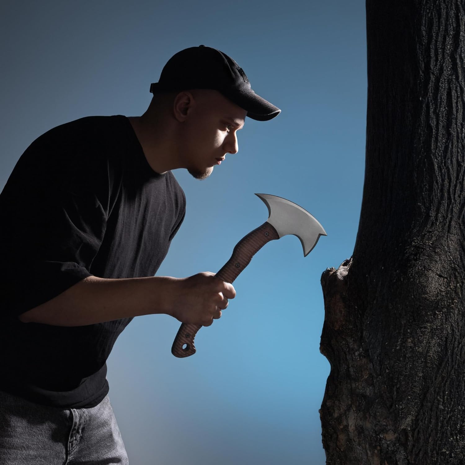 AncientSmithy Tactical Tomahawk Axe with Sheath, Handmade Camping Hatchet for Survival (14.17" Three Spikes Hawk with Composite Handle)