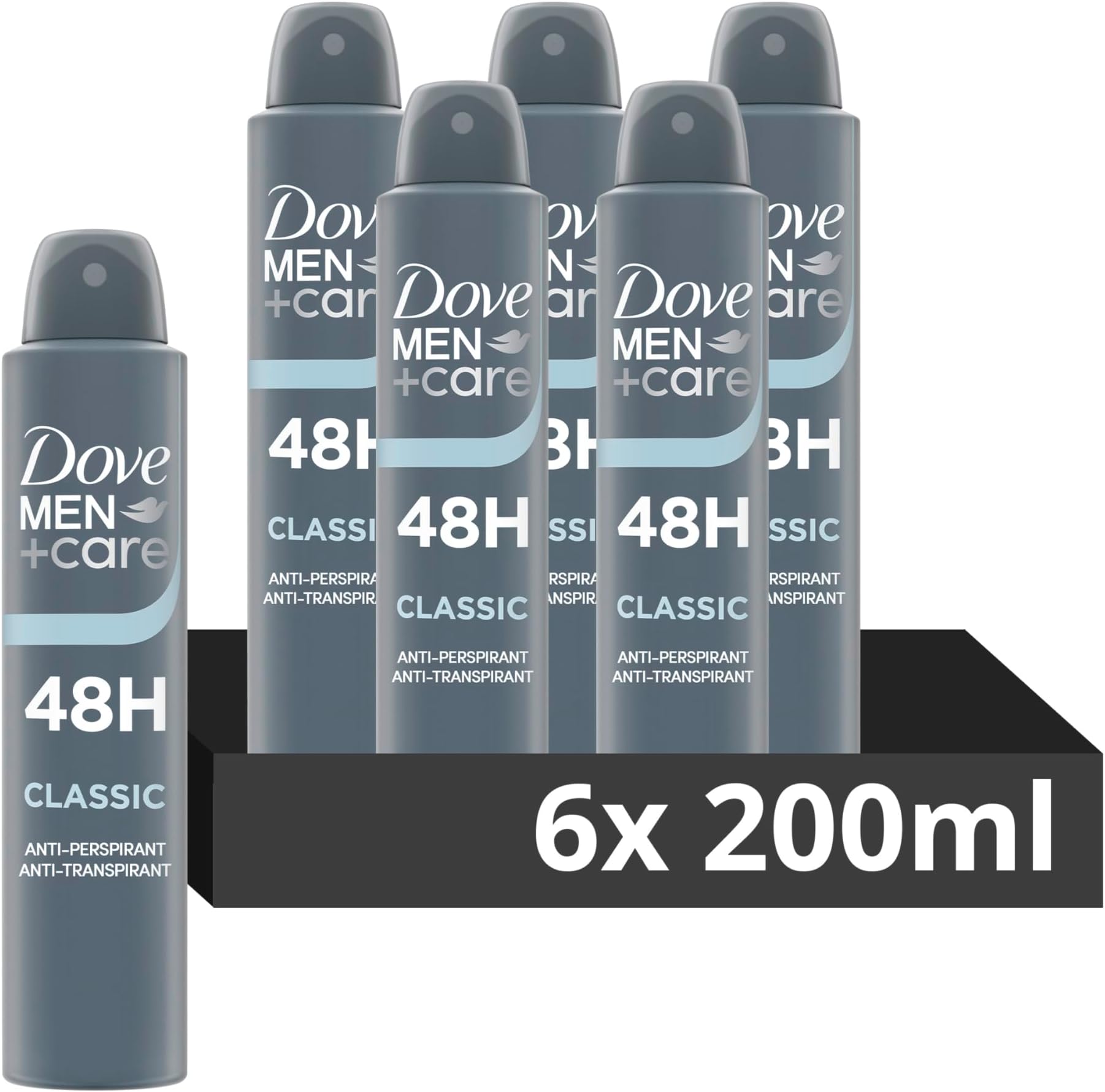 Dove Men+Care Classic with ¼ moisturising cream Men's Antiperspirant Deodorant Body Spray for 48 hour protection against sweat and odour 200 ml, Pack of 6