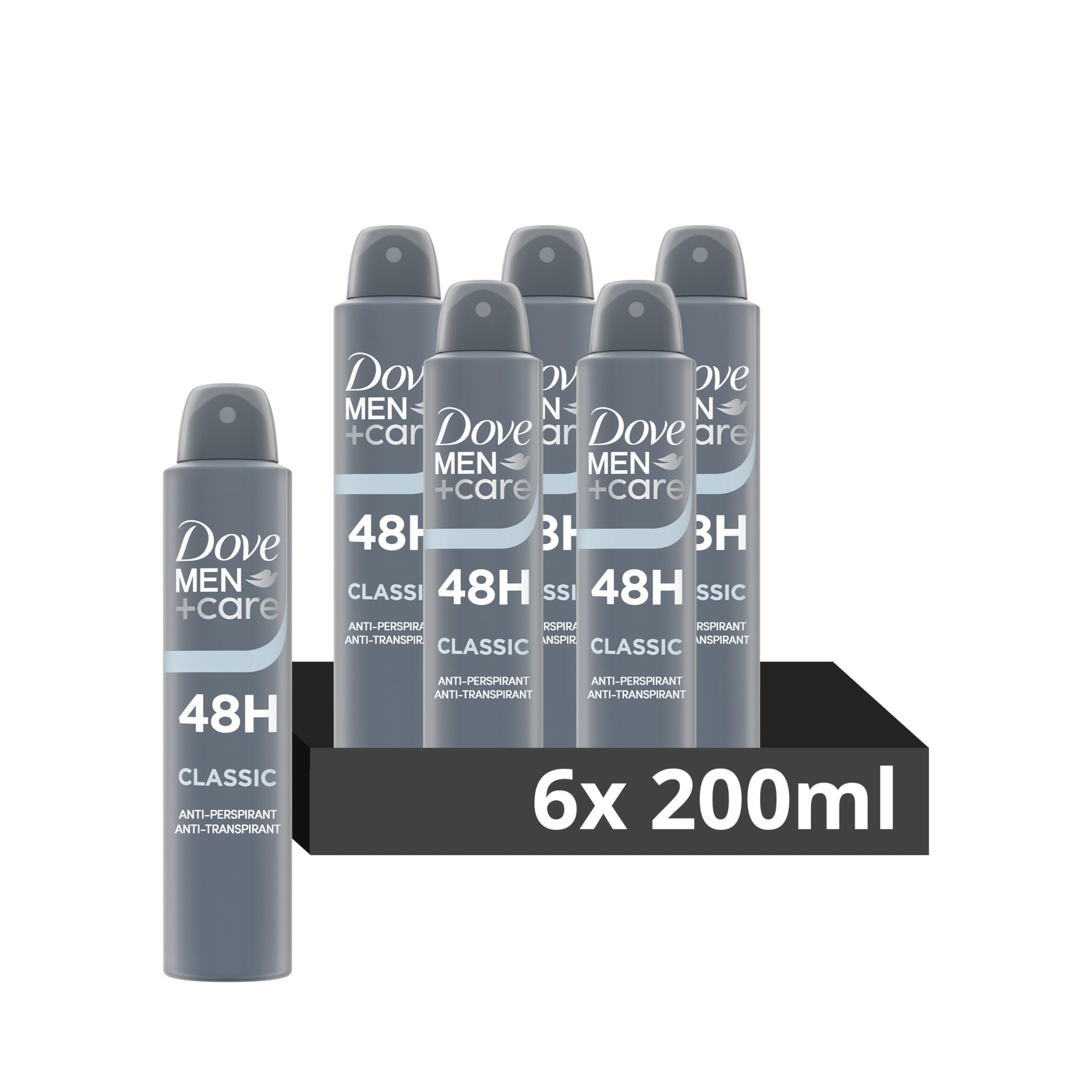 Dove Men+Care Classic with ¼ moisturising cream Men's Antiperspirant Deodorant Body Spray for 48 hour protection against sweat and odour 200 ml, Pack of 6