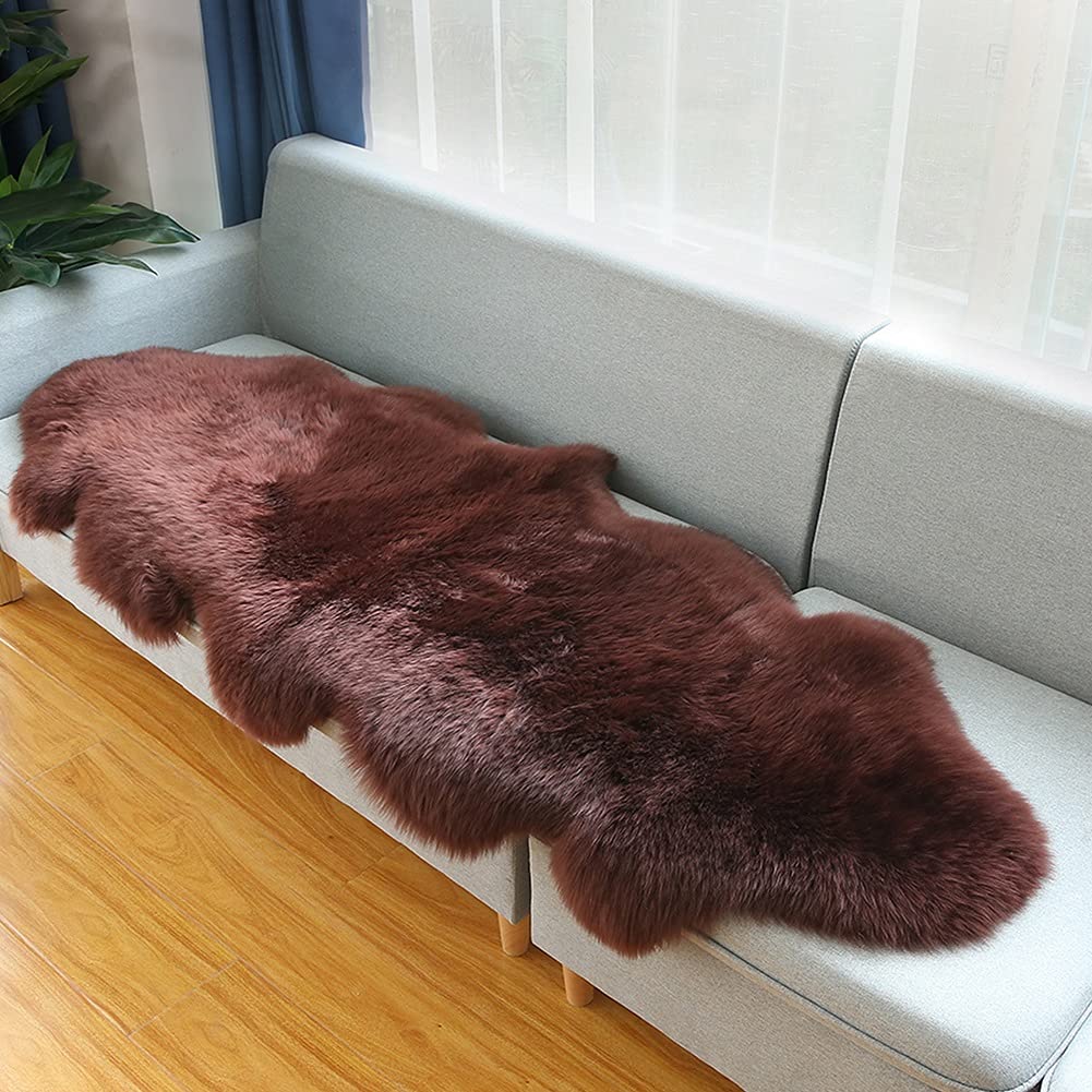 rious Brązowy dywan z prawdziwej owczej skóry, puszysty koc, do salonu, sypialni lub pokoju dziecięcego, naturalna wełna jakości premium, 70 x 200 cm