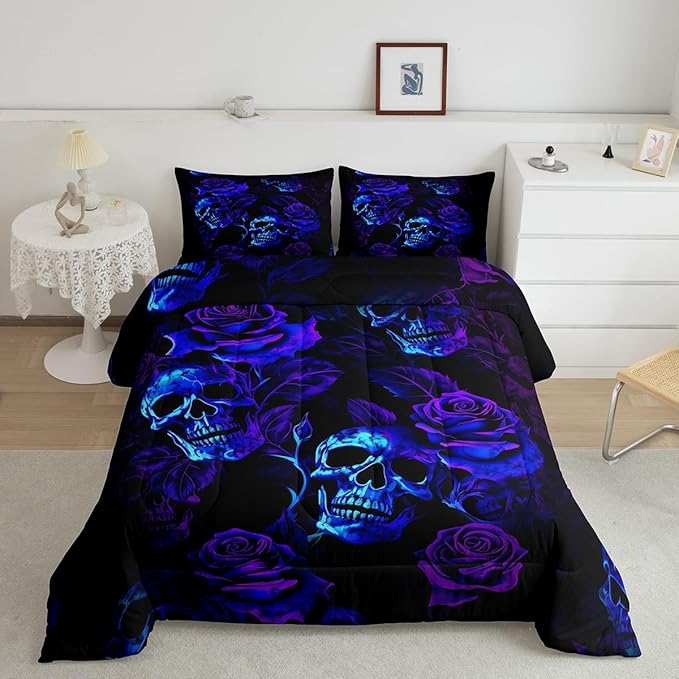 Feelyou Sugar Skull Comforter Set King Size Purple Blue Rose for Kids Boys Girls Teens Toddler Bedding Set Gothic Skull Duvet Set Scary Quilt Set 3Pcs