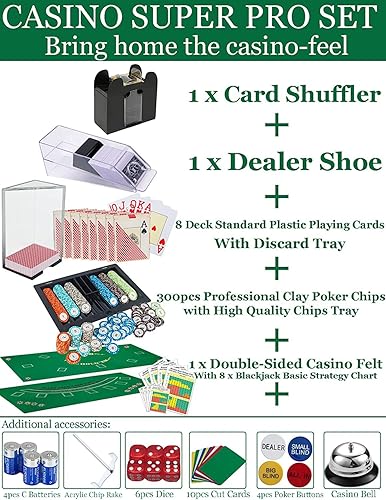 Miniatura 2 de Juego de Casino Definitivo: Barajador de 6 Mazos+300 Fichas de Alta Gama+8 Cartas de Póker Profesionales de Plástico+Dispensador de Cartas+Rastrillo