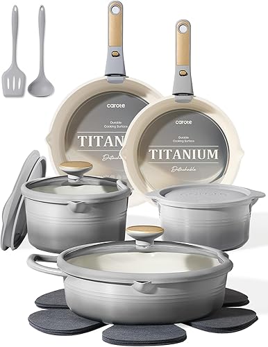 CAROTE 17Pcs Titanium Cookware Set, Pots and Pans Set Non Stick, Kitchen Cooking Set with Detachable Handle, Non Toxic Induction Cookware, Dishwasher/Oven Safe