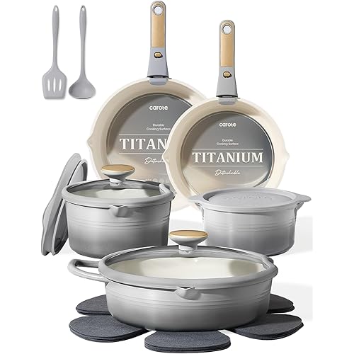 CAROTE 17Pcs Titanium Cookware Set, Pots and Pans Set Non Stick, Kitchen Cooking Set with Detachable Handle, Non Toxic Induction Cookware, Dishwasher/Oven Safe