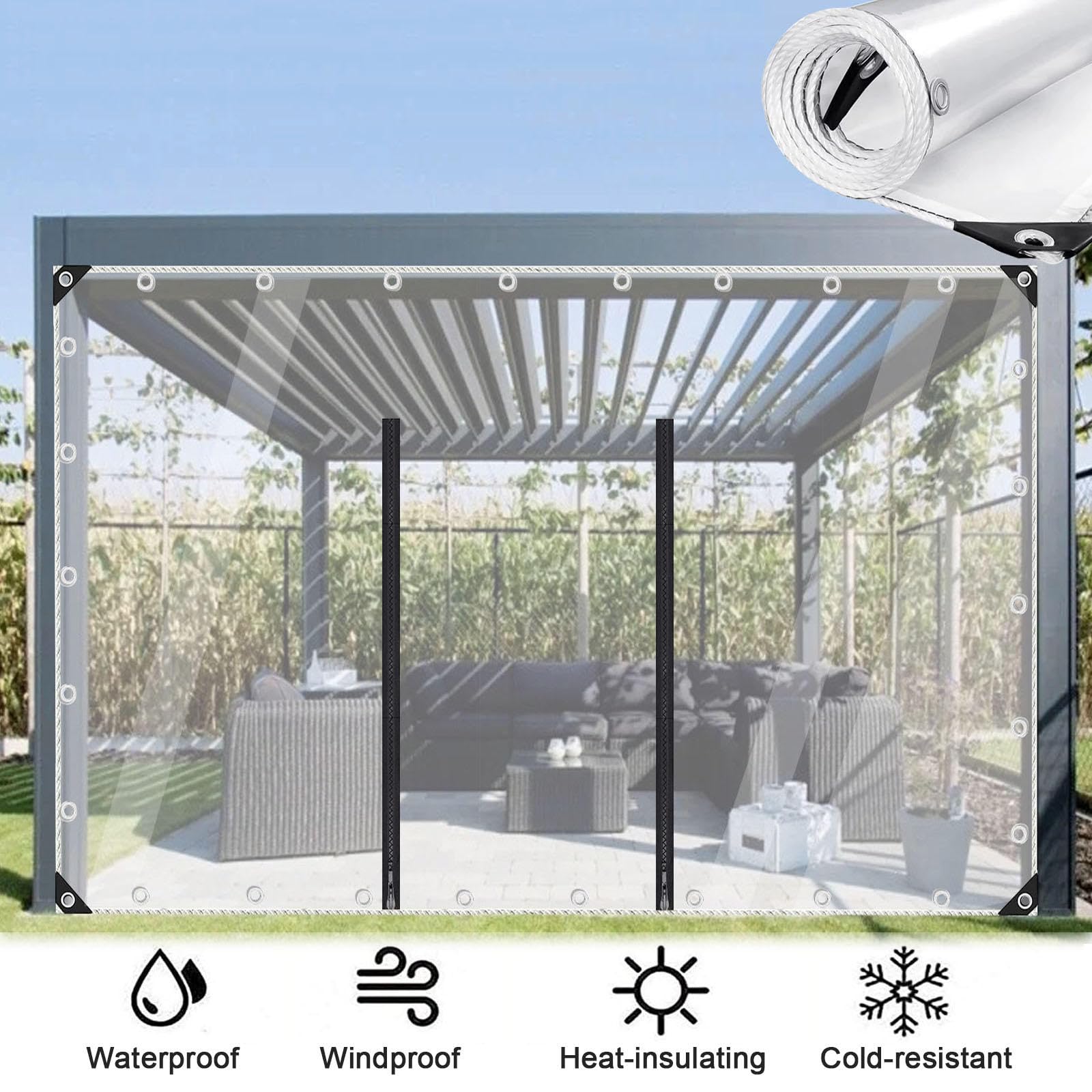 Tarpaulin Side Panels Waterproof Heavy Duty,Clear Tarps 1/1.2/1.5/1.8/2/2.3/2.6/3/4.5m,PVC Tarpaulin With Zips,Uv And Ageing Resistant,Customisable Transparent Tarp Cover,WxH-1.8x1.8m/5.9x5.9ft - View #4