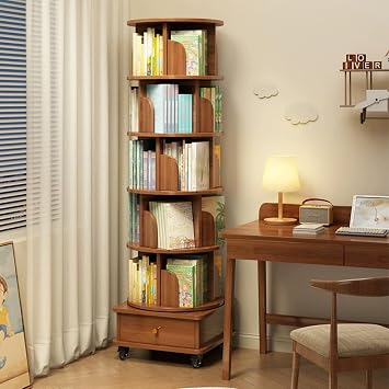 Rotating Bookshelf, 360 Display Corner Bookshelf for Small Space, 6 Tier Bookcase Storage Rack with Wheels, Wood Narrow Organizer for Bedroom, Living Room, Study Room, Walnut Brown,Shelves,Bookcase