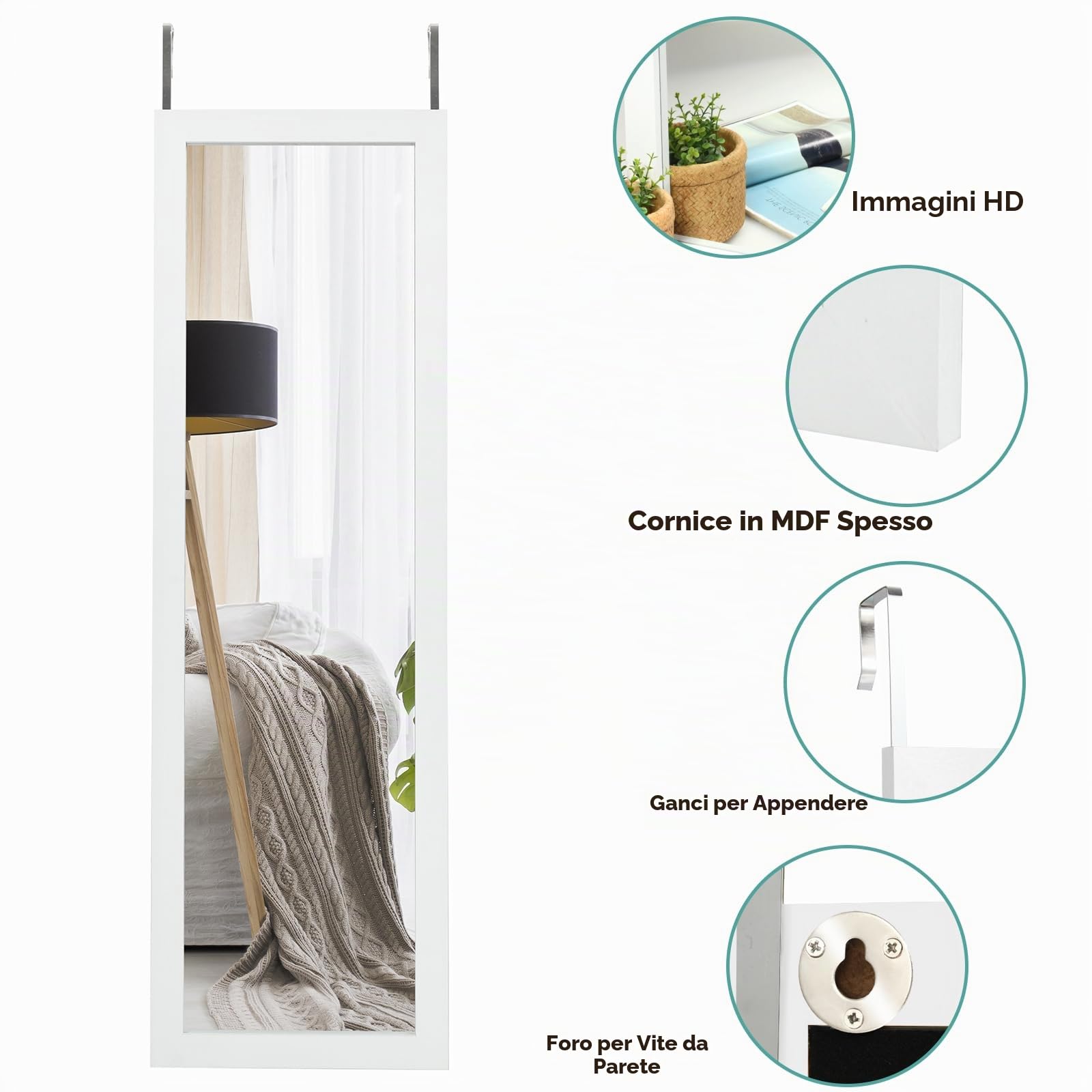 LIFEZEAL Specchio da parete, 120 x 37 cm, specchio per porta per tutto il corpo, specchio rettangolare da parete decorativo per soggiorno, bagno, camera da letto (bianco)