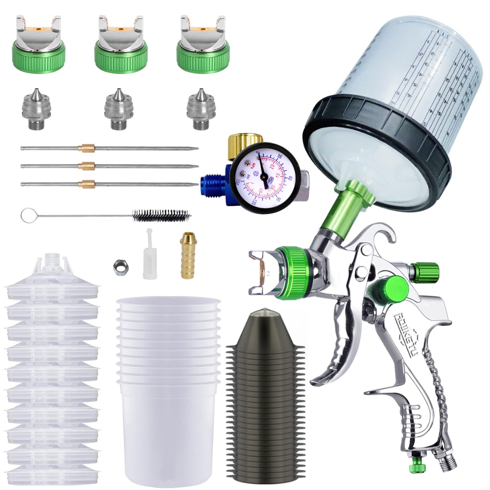 HVLP Paint Sprayer with 10pcs 600ML Mixing Quick Cup,Spray Paint Gun Set Contain 3 Nozzles 1.4/1.7/2mm &Pressure Gauge,30Pcs Paint Filter for Car Painting,Furniture Surface Spraying
