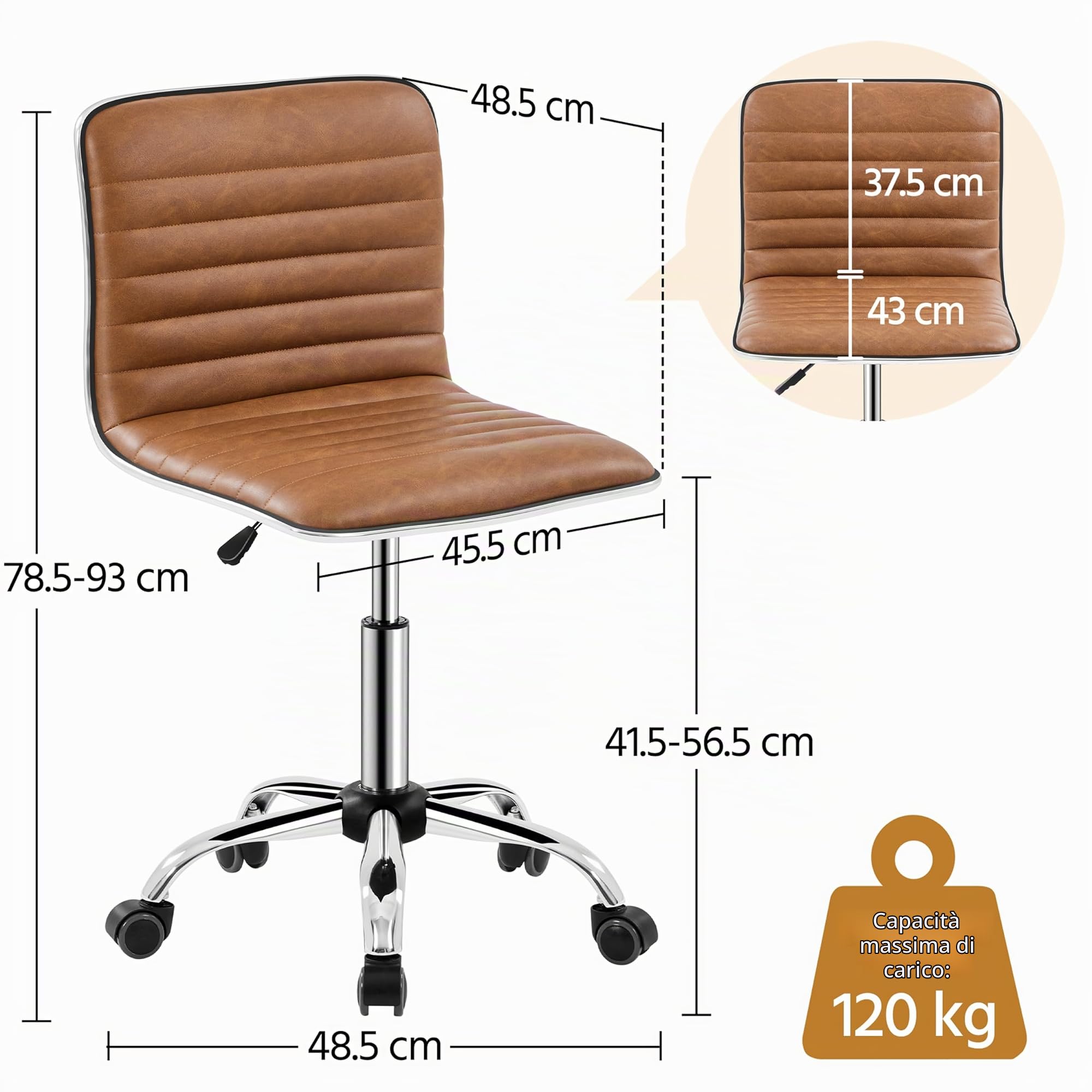 Sedia Ufficio Imbottita Girevole con Ruote Moderna | Senza Braccioli, in Finta pelle, Regolabile in Altezza, per Camera da Letto, Studio, Marrone