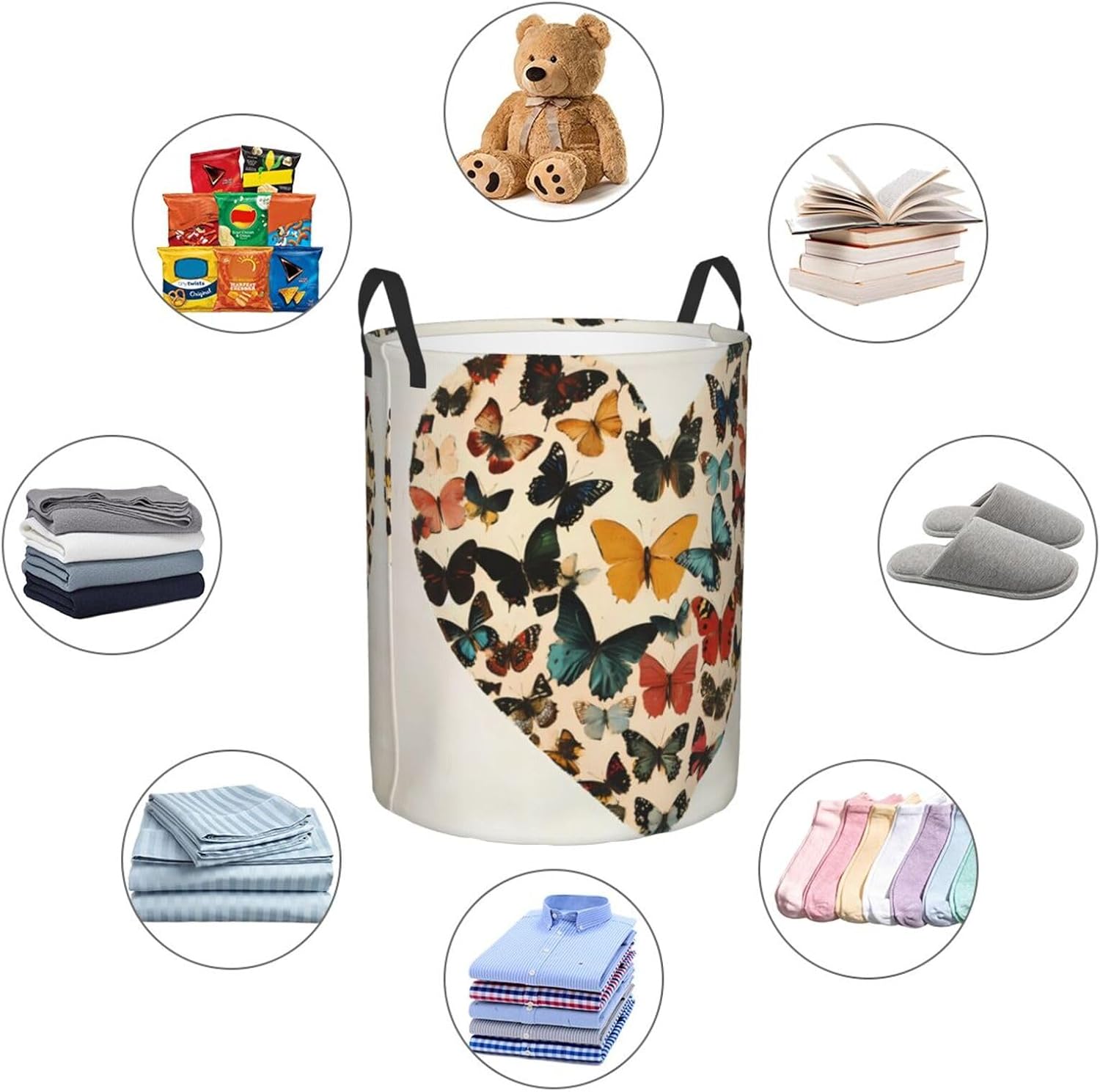 Butterfly heart pattern Round Single-layer Laundry Basket, Portable Storage Laundry Basket, Bedroom Clothes Storage Basket with Handle