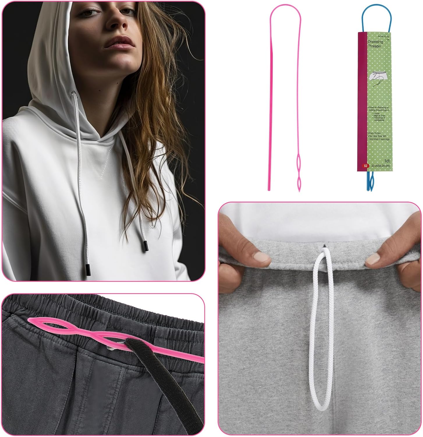 Drawstring Threader Tool Set, 2PCS 23In Flexible Plastic Drawstring Threader Tool, Threaders for Sewing, Threaders Replacement Tools for Jackets Swim Trunks Pants Sweatpants Hoodies (Blue/Pink)