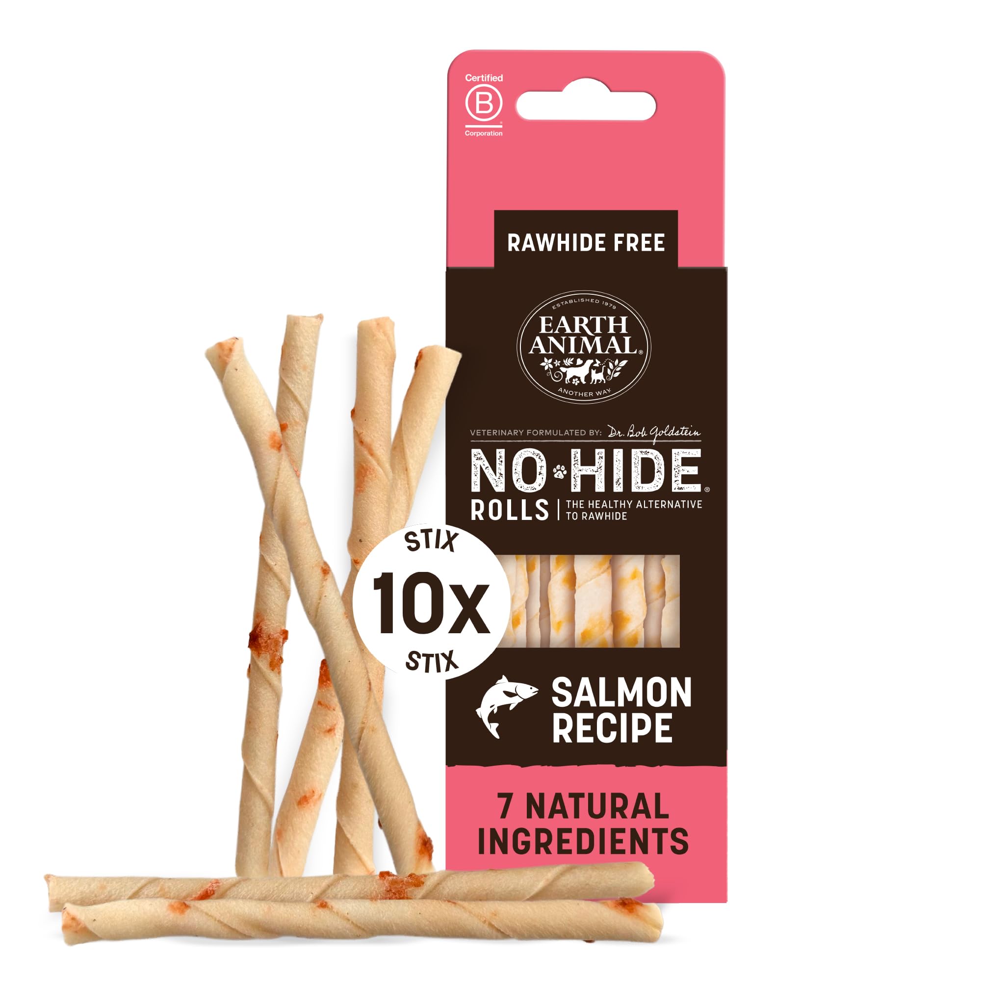 Earth Animal No-Hide® Salmon Stix (10 Chews Per Pack) – Long-Lasting Cat & Dog Chews – Natural Dog Treats for Small Dogs (< 5 kg) – Supports Healthy Teeth & Gums – 100% Recyclable Packaging