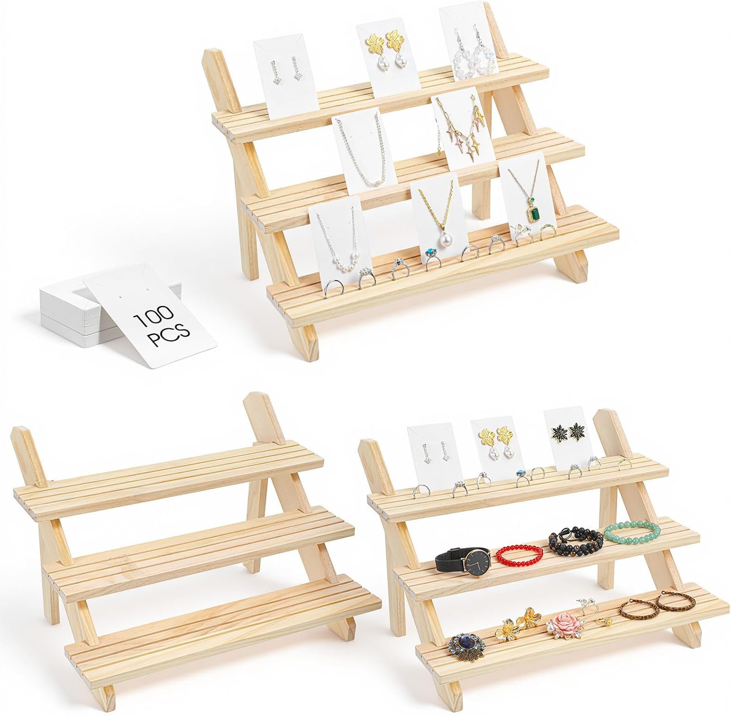 3 Pack 3 Tier Wooden Display Stand with 100 White Jewelry Cards, Wooden Earring Display Stand, Earring Card Stands for Retail, Countertop, Home, Party & Vendor Use (15.5 x 10.6 x 10.2 Inches)