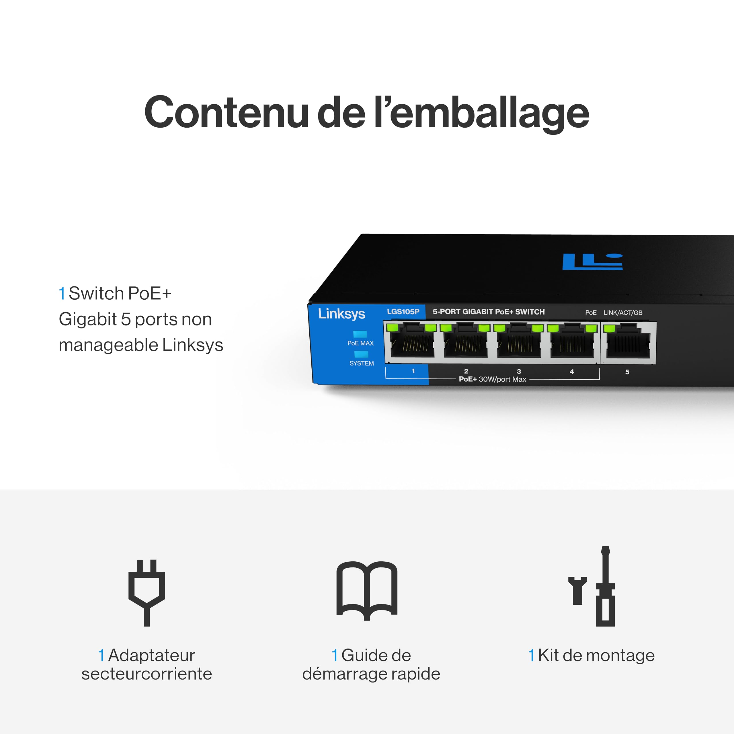 Switch PoE+ Gigabit 5 ports non manageable Linksys | Ethernet écoénergétique | Contrôle de flux Full-Duplex | Idéal pour les petites entreprises et les bureaux à domicile | Conception sans ventilateur