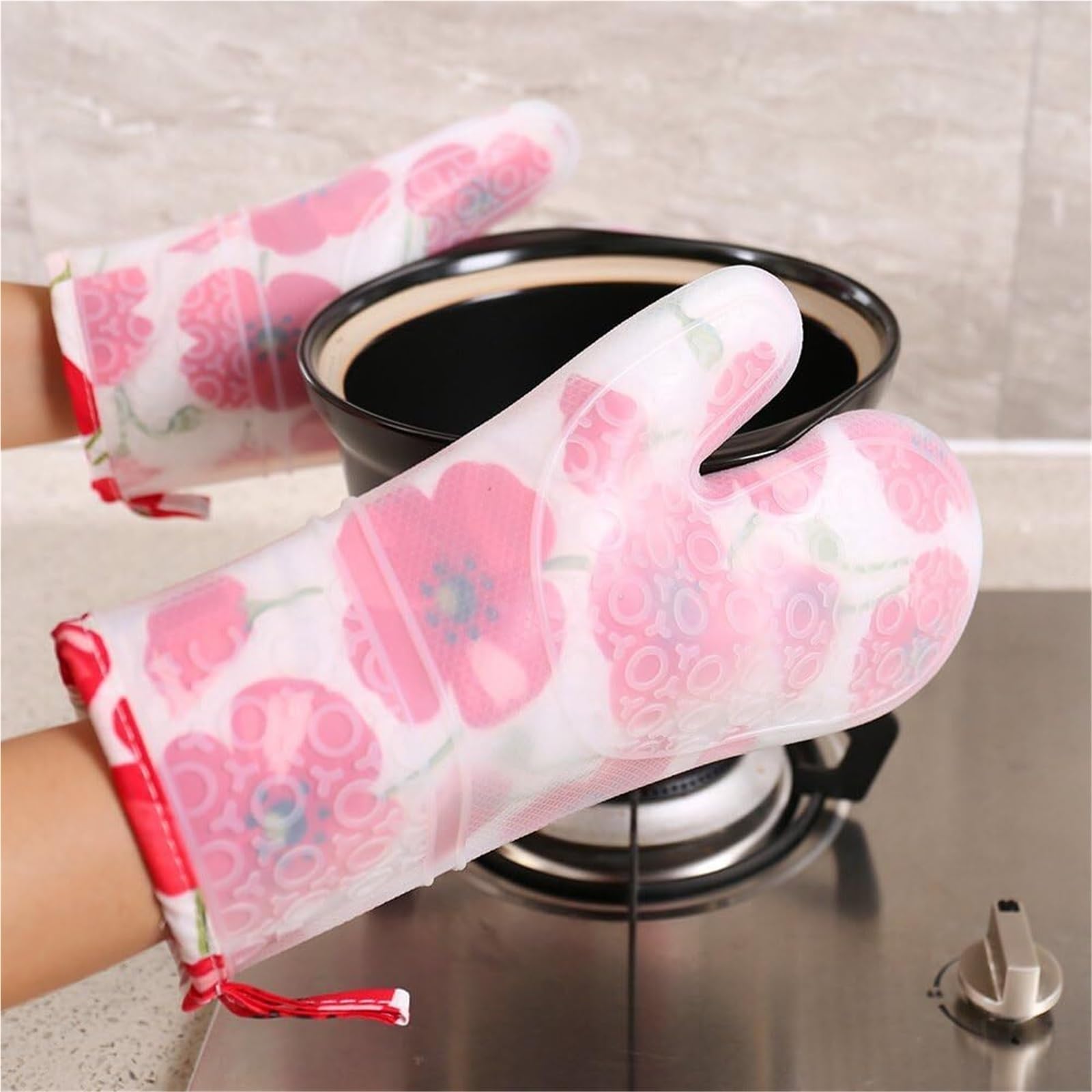 Gants de Cuisine 1 Paire De Gants De Cuisine Résistants À La Chaleur, Coque Extérieure En Silicone Transparent Et Doublure En Coton Manique