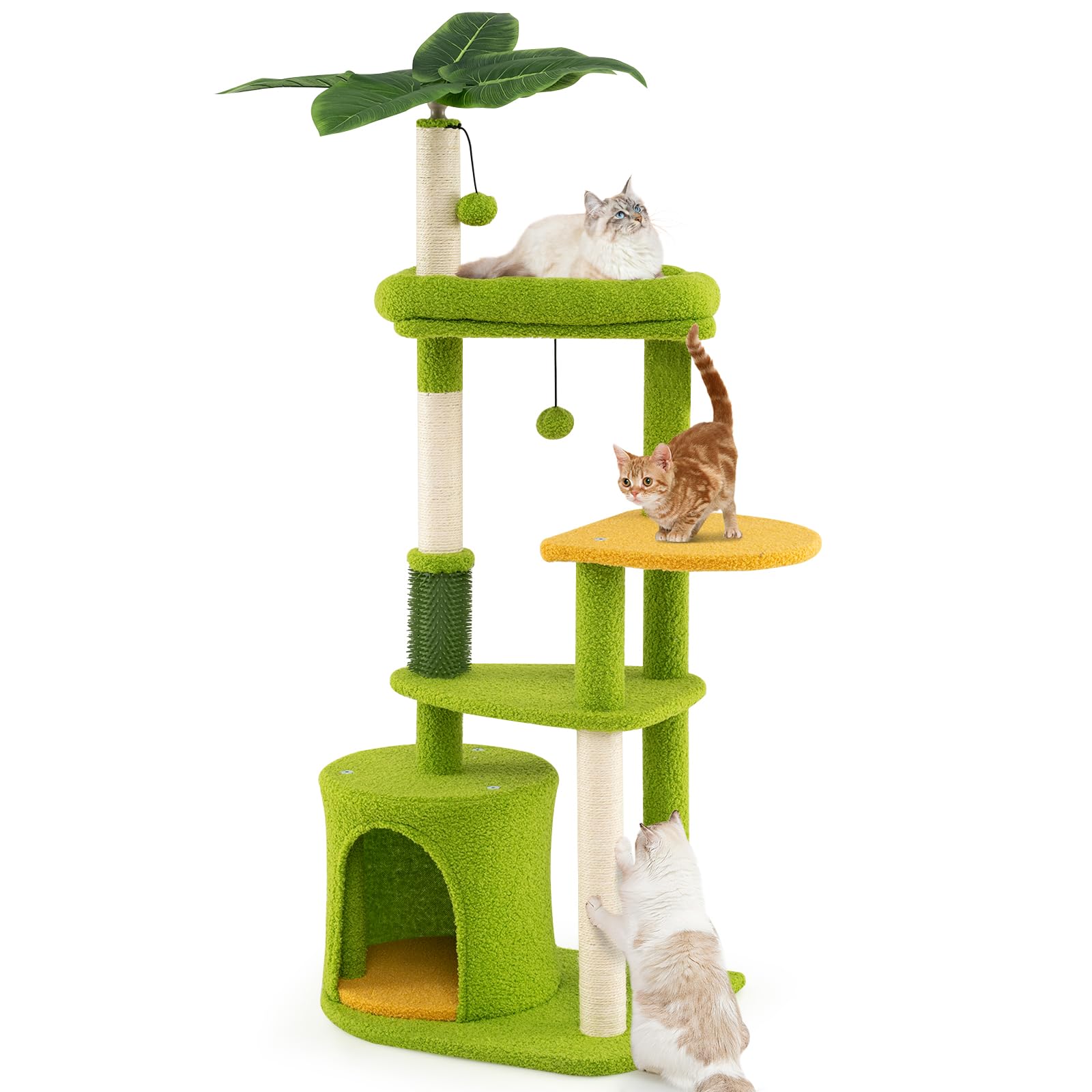 COSTWAY Kratzbaum, Katzenbaum mit Katzenhöhle, künstlichen Blättern, Katzenbürste, Liege, Sisal-Kratzpfosten, Plattformen & Bällen, Kletterbaum Katzen Katzenkratzbaum, 122 cm hoch, Grün+Orange