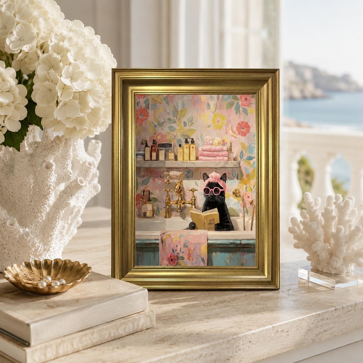 yByCute Black Cat Bathroom Wall Art, Gold-Tone Framed Canvas, 8 x 10 Inches image 3