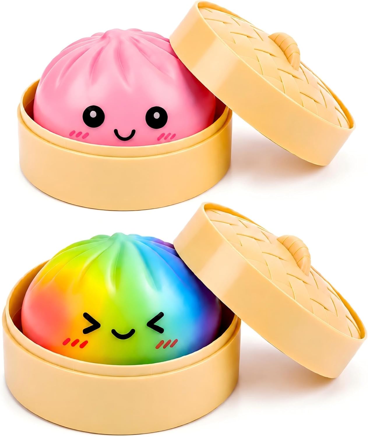 2 PCS Pink Rainbow Mystery Dumpling Squishies with Steamer Box,Soft Stretchy Bao Bun Stress Relief Balls,Sensory Fidget Squeeze Toys for Anxiety Relief,Decompression Desk Toys