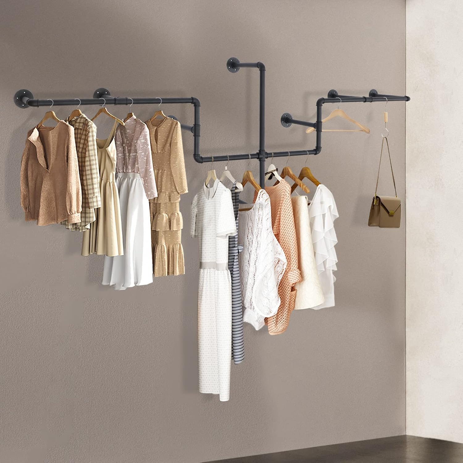 Clothes Storage Rack Industrial Metal Garment Display Hanger Wall Mounted, for Homes, Clothing Stores, Hotels, Laundry Rooms, Boutiques, Studios 85.83 * 30.71 * 10.63in, Black