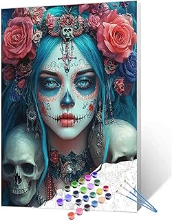 Tucocoo Day of The Dead Blue Hair Woman Sugar Skull Paint by Numbers Fantasy Art Floral Skulls Roses Paint by Number Kit for Adult, with Brushes and Acrylic Pigment 16''W X 20''H （Without Frame）
