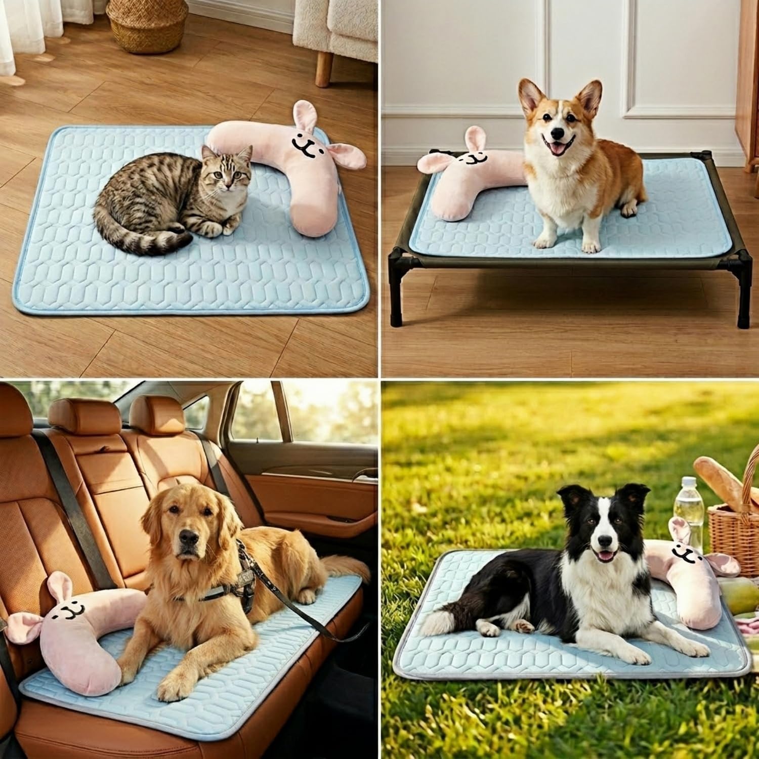 [36" x 28"] Dog Cooling Mat with Detachable Bunny Pillow, Ice Silk Pet Cooling Pad for Medium Large Dogs, Washable & Portable Dog Bed for Summer, Blue.