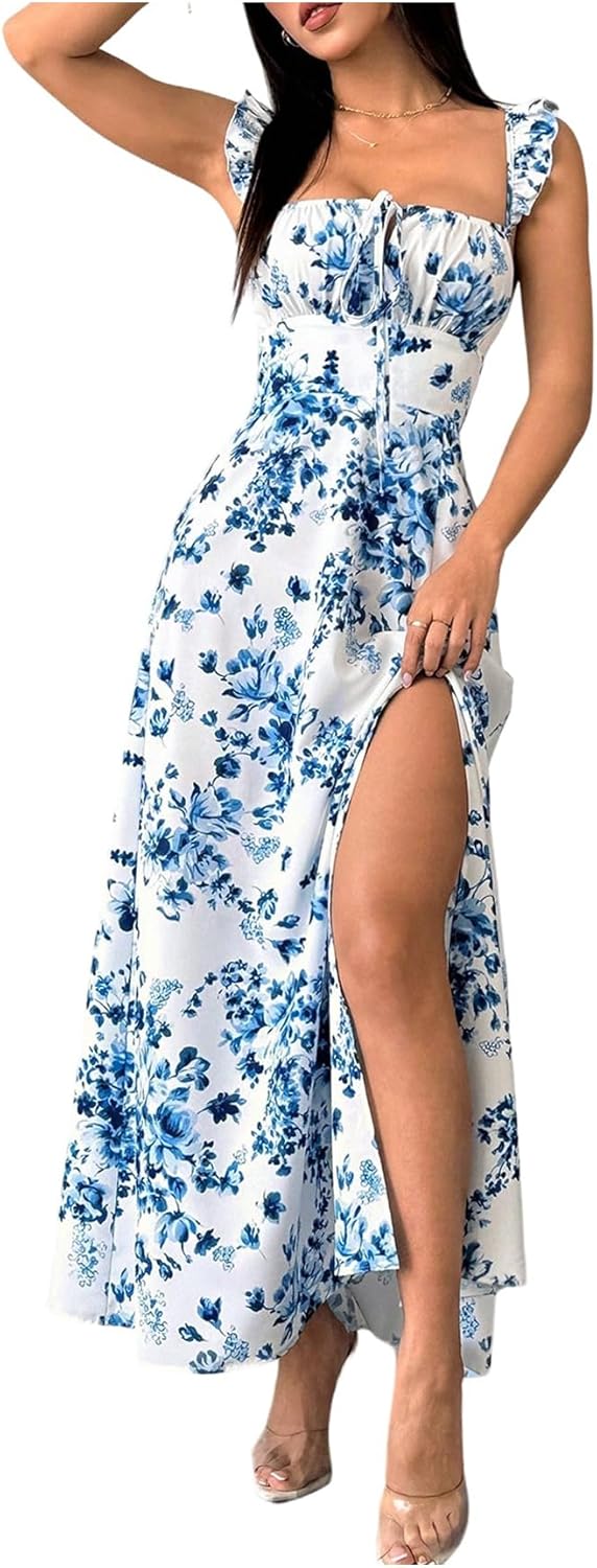 Floerns Women's Floral A Line Maxi Slit Dress Knot Front Square Neck Tie Backless Dresses