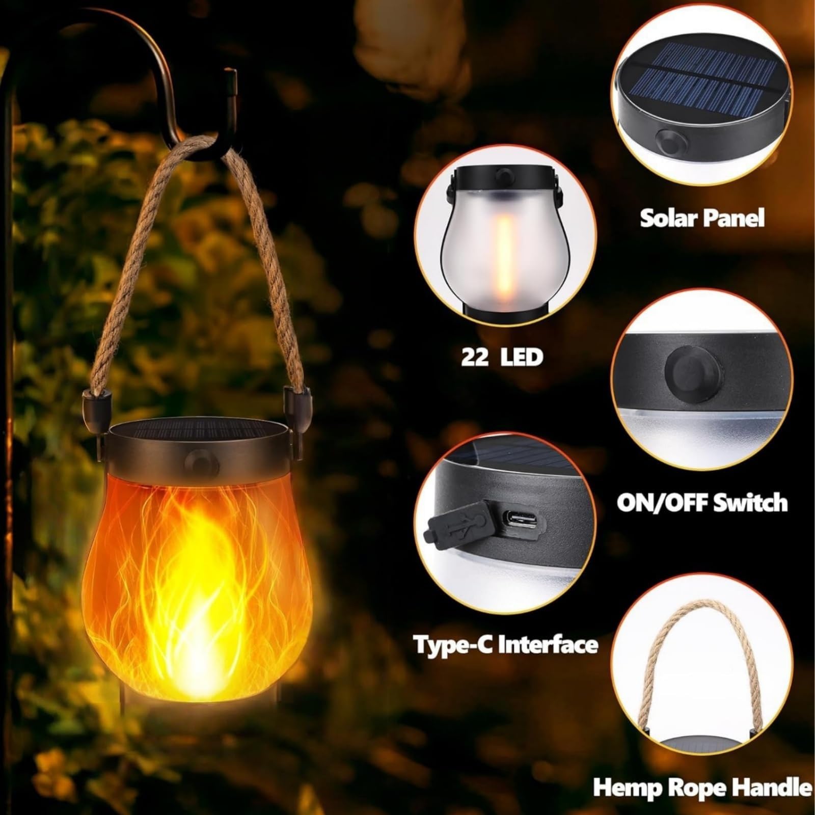 Llamaviva Farol Con Efecto De Fuego Realista - Carga Solar & USB-C, 2 Modos de Iluminación, Encendido Automático
