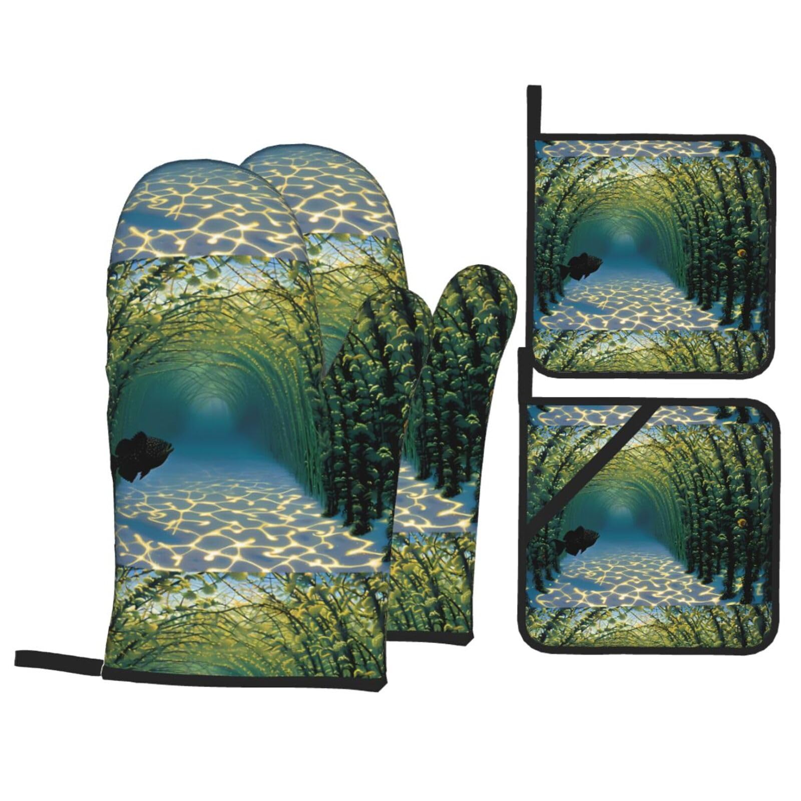 YYHWHJDE Undersea Arch Bridge Printed Kitchen Baking Set of 4 Thick Insulated Oven Mitt & Pot Holders, Anti-Scalding for Microwave, Oven, Outdoor BBQ