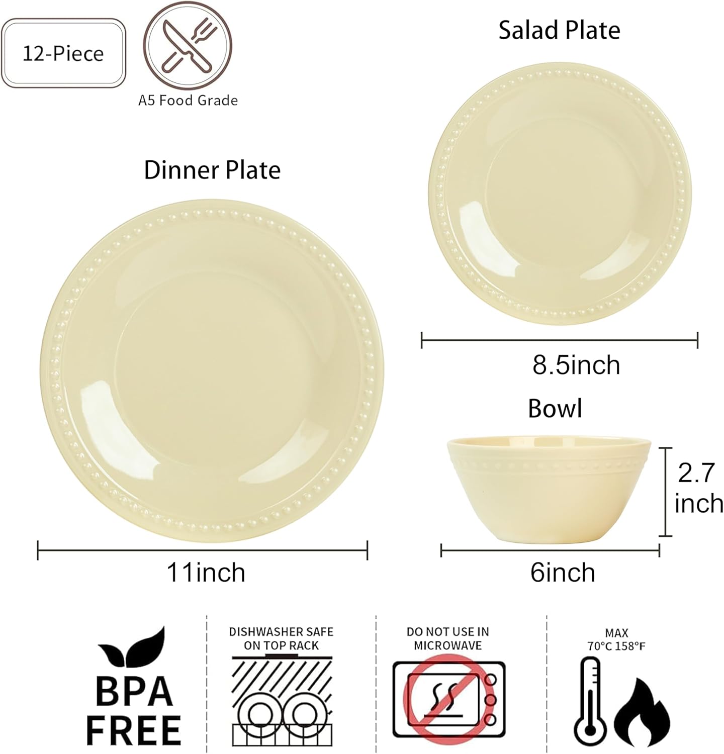 Cream Melamine Plastic Dinnerware Sets of 12 Pcs, BPA Free Dishes Set, Plates and Bowls Sets for Indoor Outdoor Dining on the Beach, RV, Camping Use,Lightweight Unbreakable Dishwasher Safe
