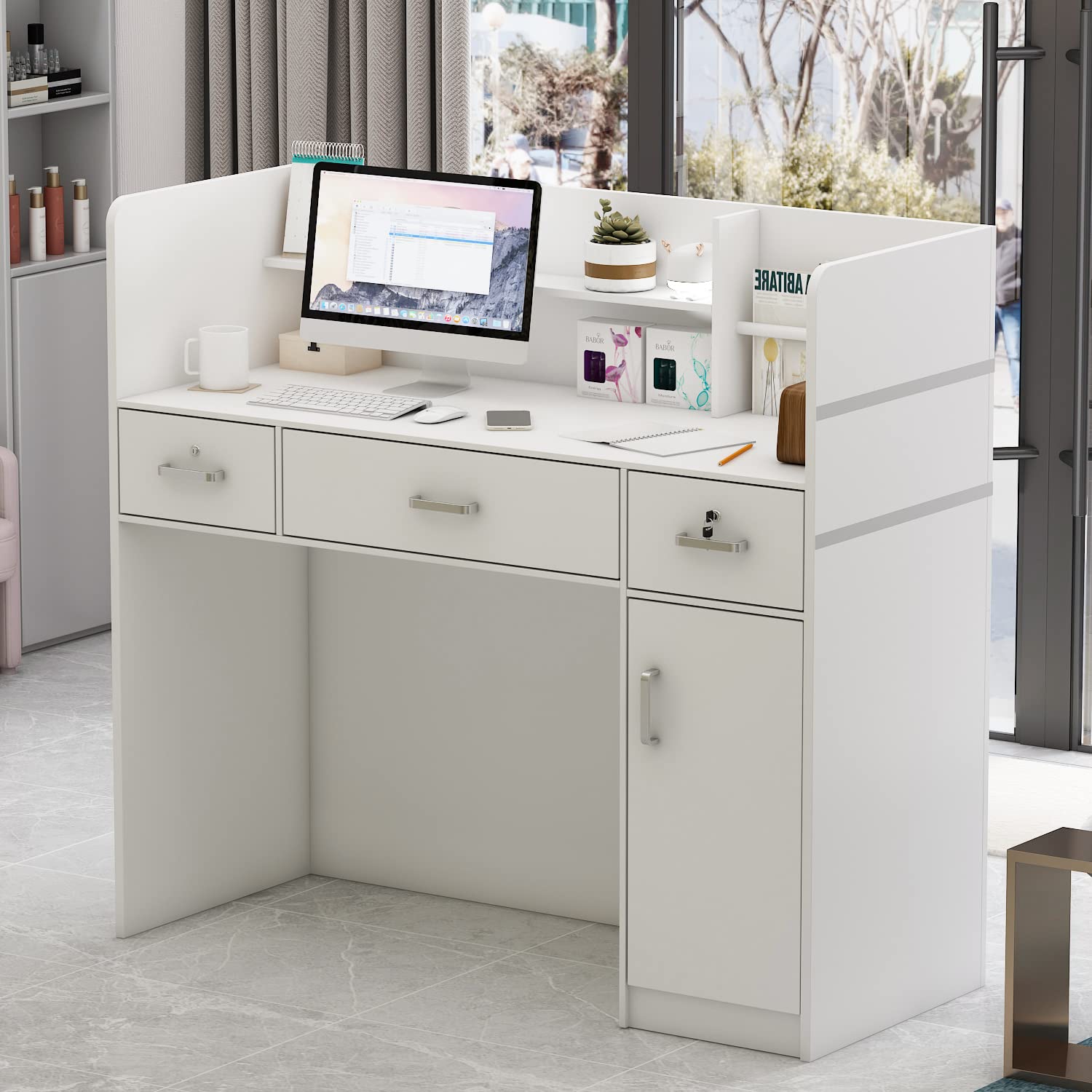 Caldion Mostrador de Recepción para Caja y Venta al por Menor, Mesa de Mostrador con Gran Espacio de Almacenaje, Cintas Plateadas, para Oficina Boutique SPA Blanco