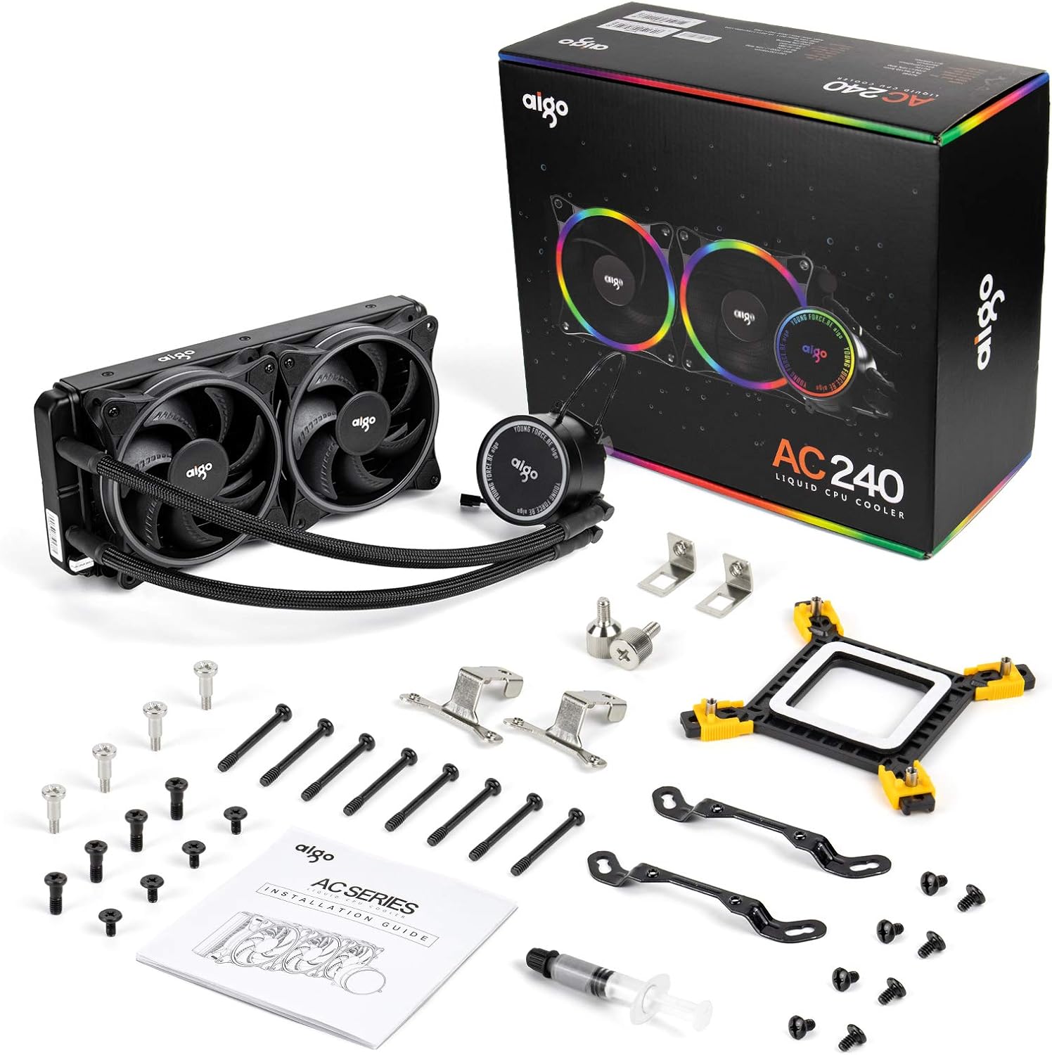 aigo AC240 CPU Liquid Cooler components including radiator, fans, mounting hardware, and thermal paste.