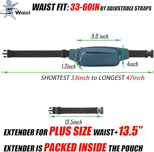 Miniatura 3 de USHAKE Riñonera con extensor para hombres o mujeres, tamaño mediano, bolsa de cintura con 3 bolsillos con cremallera, correas ajustables para