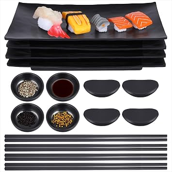 16pcs Sushi Plates Set,Melamine Sushi Serving Set,Japanese Dinnerware Sets - Includes 4 Sushi Trays, 4 Soy Sauce Bowls 4 Pairs of Chopsticks and Holders,Wedding Housewarming Gift, Black