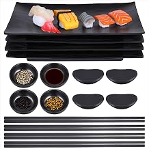 16pcs Sushi Plates Set,Melamine Sushi Serving Set,Japanese Dinnerware Sets - Includes 4 Sushi Trays, 4 Soy Sauce Bowls 4 Pairs of Chopsticks and Holders,Wedding Housewarming Gift, Black