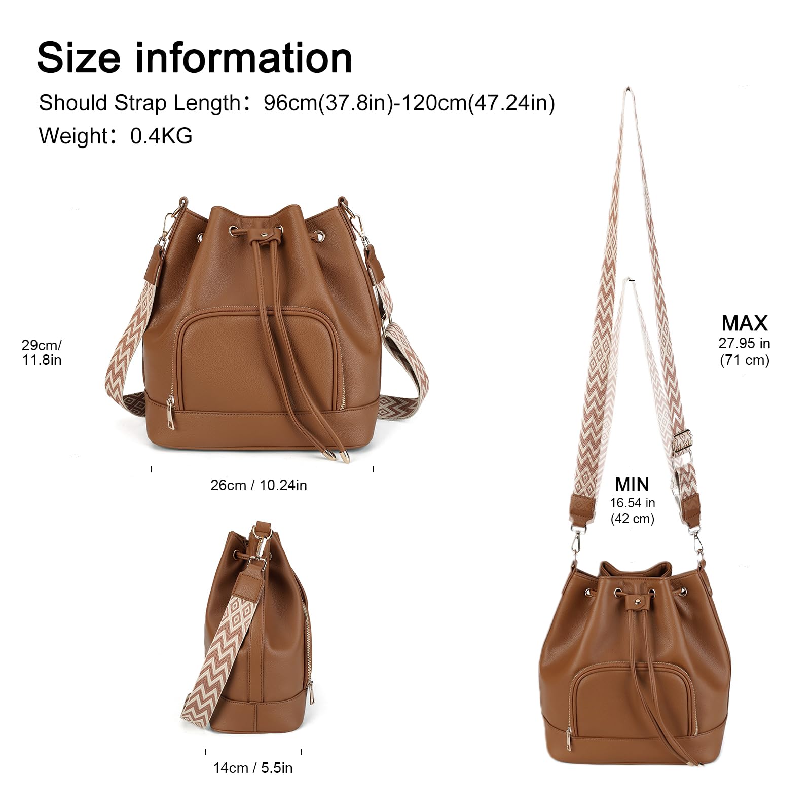 AFKOMST Borsa a secchiello da donna in pelle, con coulisse e tasca frontale con cerniera, grande capacità, borsa a tracolla per lavoro, viaggi e uso quotidiano