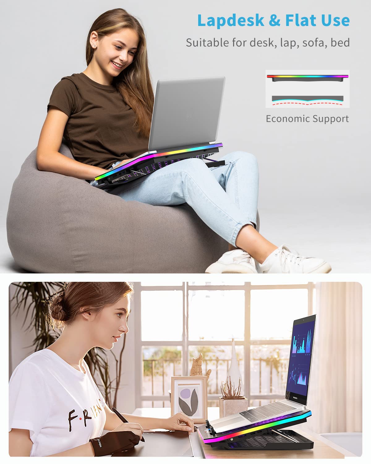 Almohadilla de refrigeración para laptop, KeiBn RGB para portátiles de 15.6 a 17.3 pulgadas, con 10 modos de luz, 6 ventiladores, 7 soportes de altura, 2 puertos USB, uso de escritorio o regazo