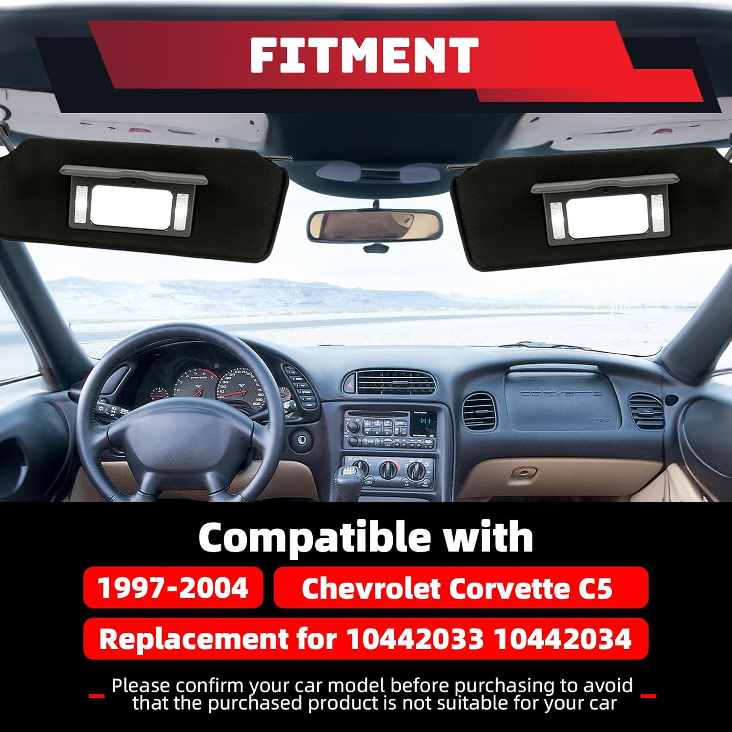 HECASA Pair Sun Visor with LED Lights Compatible with 1997-2004 Chevrolet Corvette C5 Replacement for 10442033 10442034 Left Driver & Right Passenger Side Sun Shades Black