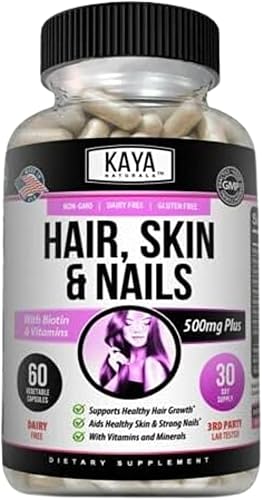 Kaya Naturals Cápsulas de uñas BIOTIN Vitamina D Vitamina B-12 A Apoyo de ácido fólico, Suplemento vitamínico de apoyo para el cabello