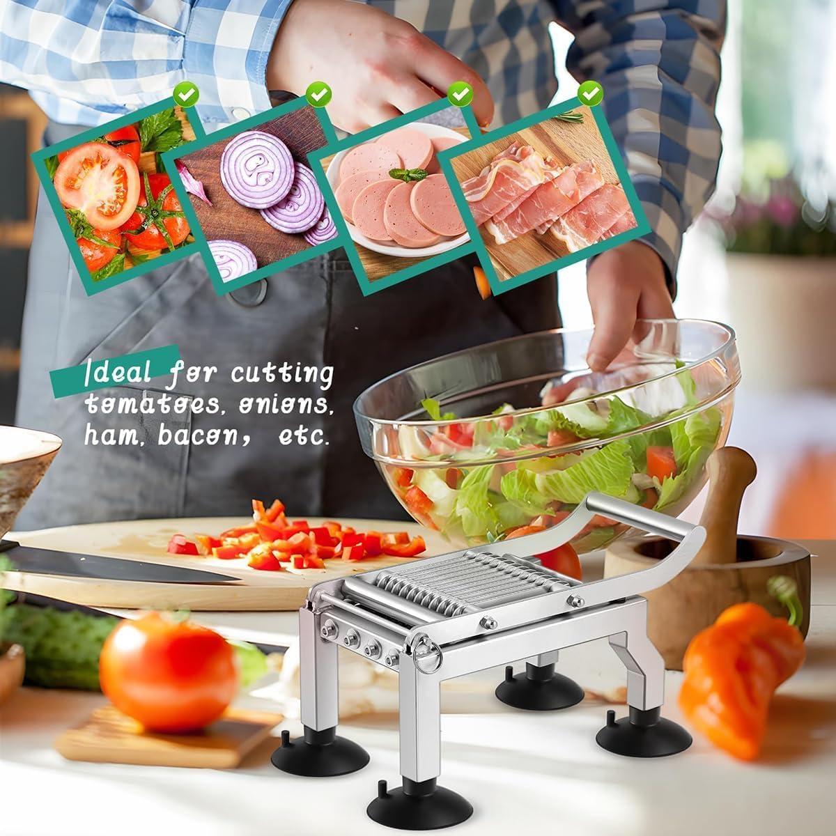 Cortador de tomate profesional: rebanadas uniformes de 10 mm, hoja de acero inoxidable y base de succión antideslizante. Ideal para uso en restaurantes y cocinas domésticas.